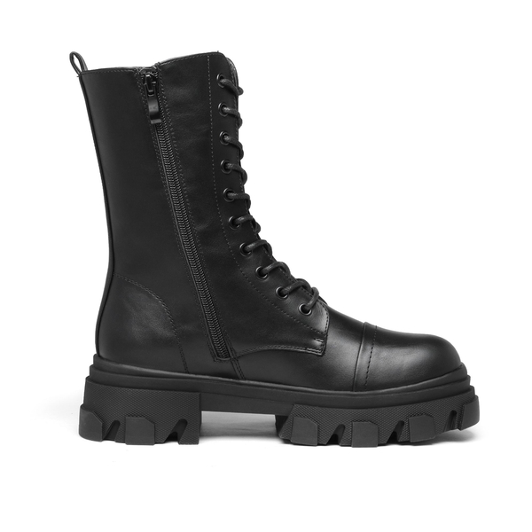 Mid Calf Combat Boots - BLACK PU - 1